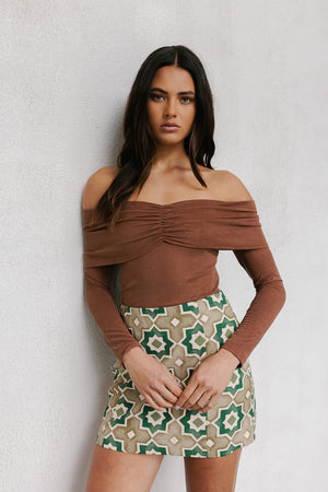 Aprire Mini Skirt - Khaki Tile Print