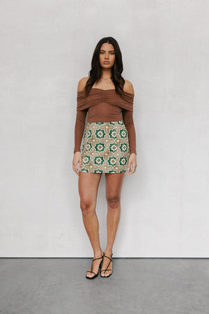 Aprire Mini Skirt - Khaki Tile Print